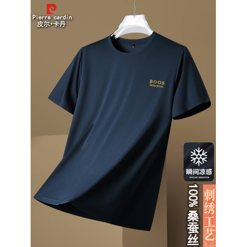 皮爾卡丹夏季短袖t恤男t恤圓領冰絲涼感上衣休閒桑蠶絲半袖體恤