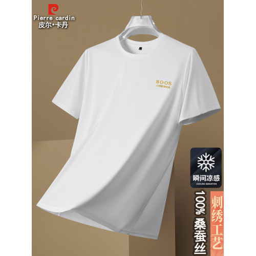 皮爾卡丹夏季短袖t恤男t恤圓領冰絲涼感上衣休閒桑蠶絲半袖體恤
