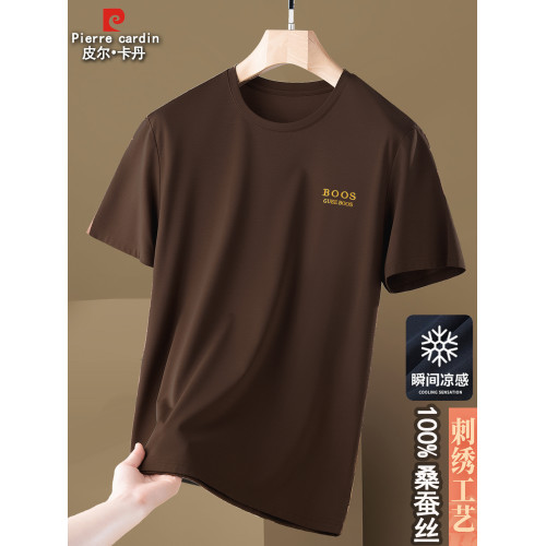 皮爾卡丹夏季短袖t恤男t恤圓領冰絲涼感上衣休閒桑蠶絲半袖體恤
