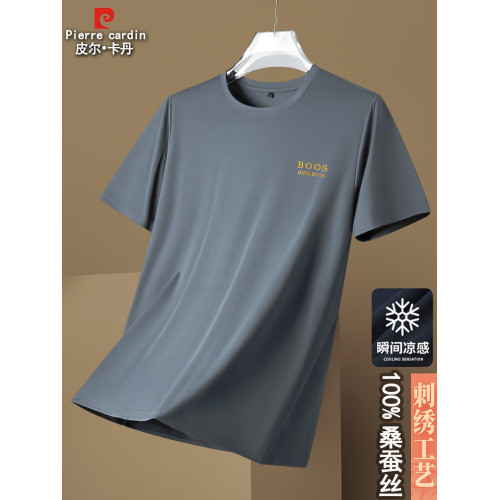 皮爾卡丹夏季短袖t恤男t恤圓領冰絲涼感上衣休閒桑蠶絲半袖體恤