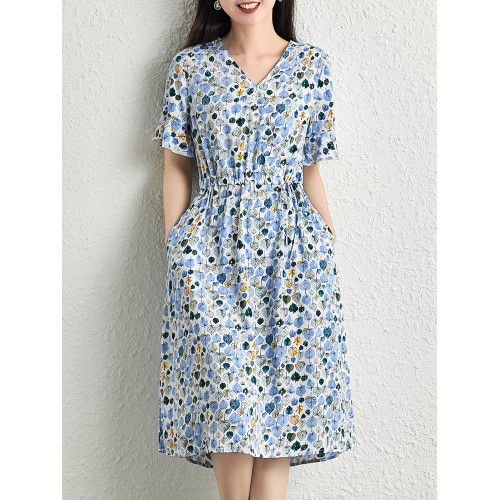 2025新款高級棉綢連衣裙女夏季人造棉碎花大擺裙顯瘦外穿綿綢裙子