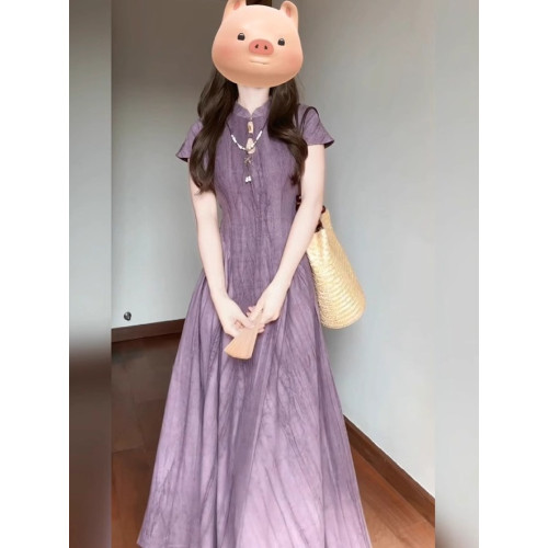 簡單大方的連衣裙女夏2025藍色新中式國風紫色收腰顯瘦改良旗袍