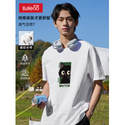 班尼路男t恤短袖2025新款日系小貓印花青少年男生純棉夏季半袖男A