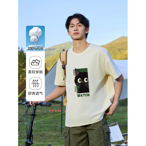 班尼路男t恤短袖2025新款日系小貓印花青少年男生純棉夏季半袖男A