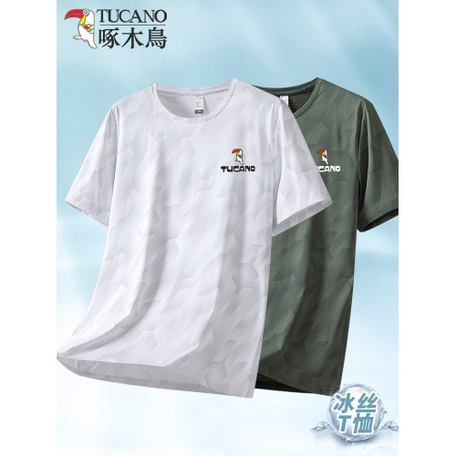 啄木鳥夏季冰絲短袖男t恤速乾透氣圓領半袖薄款彈力大碼運動上衣