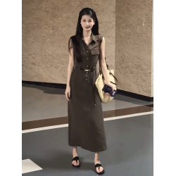 復古無袖背心襯衫連衣裙女2025夏季新款輕熟風氣質高級感掐腰長裙
