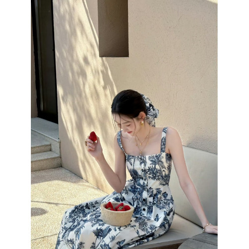 王玉雯同款吊帶連衣裙2025新款夏季小個子長款直筒水墨畫背心裙子