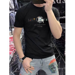時尚潮牌短袖男T恤歐貨高級品質英文燙鑽設計感絲光棉修身打底衫t