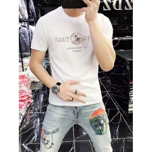 時尚潮牌短袖男T恤歐貨高級品質英文燙鑽設計感絲光棉修身打底衫t