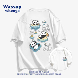 wassup聯名夏季潮流大熊貓短袖男t恤純棉國潮卡通設計感情侶上衣