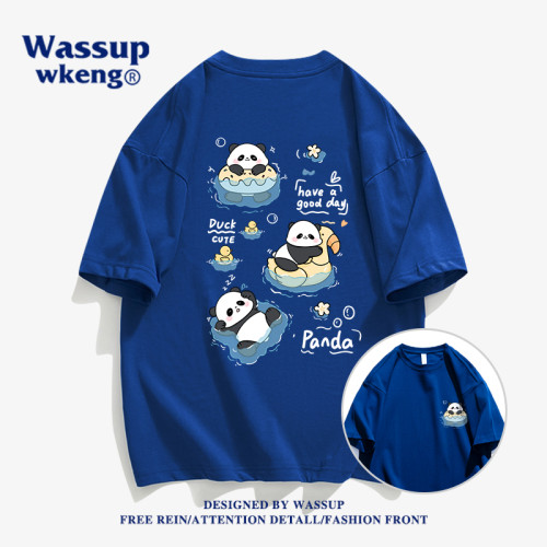 wassup聯名夏季潮流大熊貓短袖男t恤純棉國潮卡通設計感情侶上衣