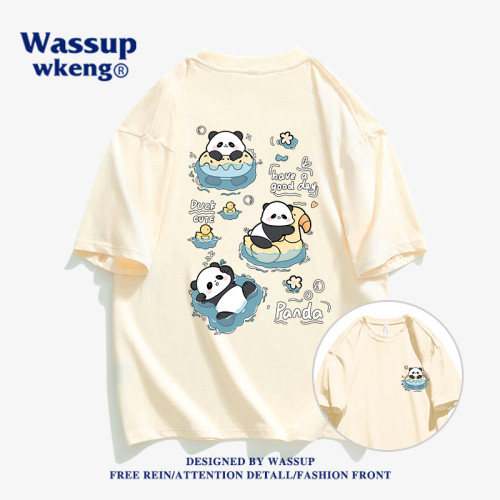 wassup聯名夏季潮流大熊貓短袖男t恤純棉國潮卡通設計感情侶上衣