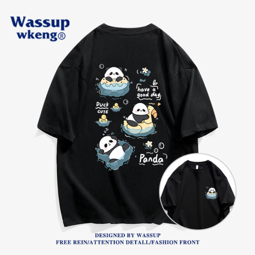 wassup聯名夏季潮流大熊貓短袖男t恤純棉國潮卡通設計感情侶上衣