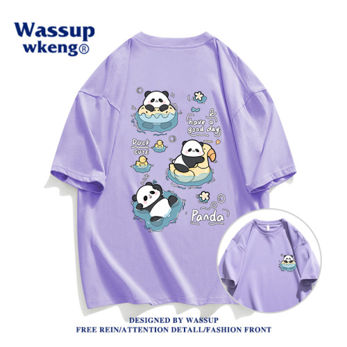wassup聯名夏季潮流大熊貓短袖男t恤純棉國潮卡通設計感情侶上衣