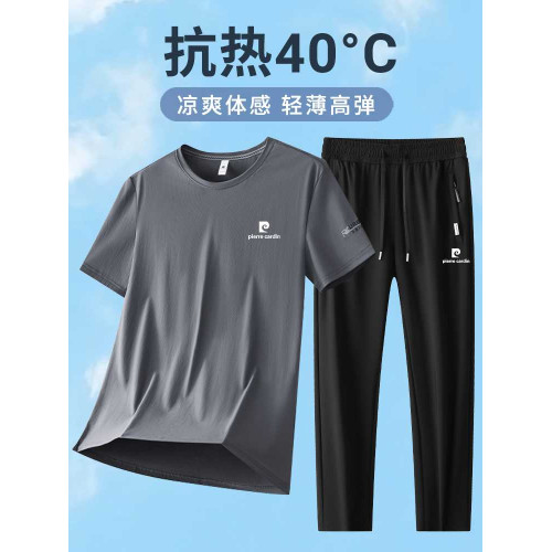 高級運動套裝男T恤夏季薄款體恤冰絲跑步運動服爸爸夏裝