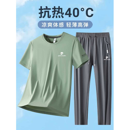 高級運動套裝男T恤夏季薄款體恤冰絲跑步運動服爸爸夏裝