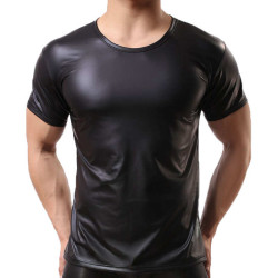 Patent and faux leather crew neck men's t-shirt漆皮仿皮男t恤