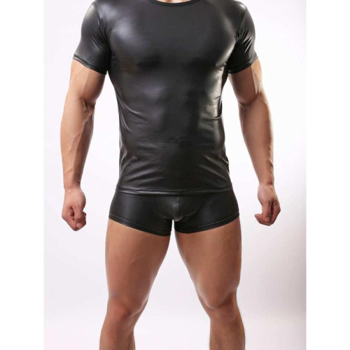 Patent and faux leather crew neck men's t-shirt漆皮仿皮男t恤