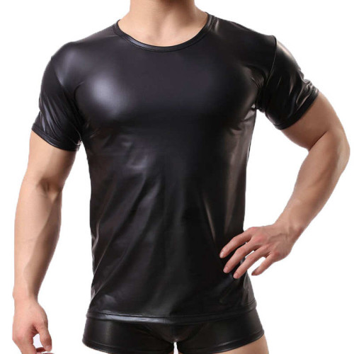 Patent and faux leather crew neck men's t-shirt漆皮仿皮男t恤