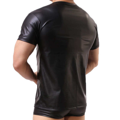 Patent and faux leather crew neck men's t-shirt漆皮仿皮男t恤