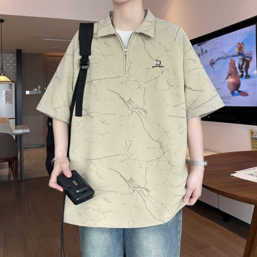 FANLIN'T2025夏翻領潮牌POLO衫拉鍊寬松圓領短袖男T恤學生黑色男