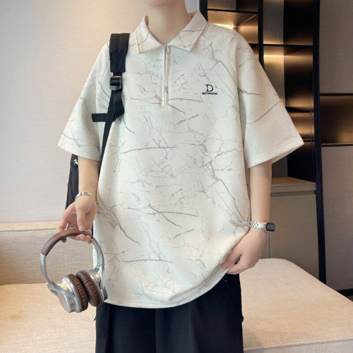 FANLIN'T2025夏翻領潮牌POLO衫拉鍊寬松圓領短袖男T恤學生黑色男