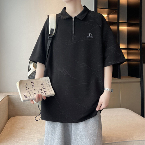 FANLIN'T2025夏翻領潮牌POLO衫拉鍊寬松圓領短袖男T恤學生黑色男