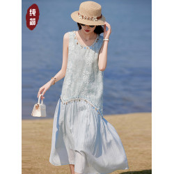 高級亞麻棉麻無袖背心連衣裙女夏新款高級感海邊度假顯瘦雪紡長裙