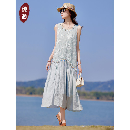 高級亞麻棉麻無袖背心連衣裙女夏新款高級感海邊度假顯瘦雪紡長裙