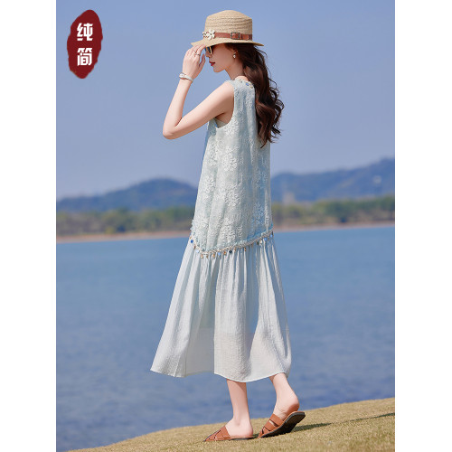 高級亞麻棉麻無袖背心連衣裙女夏新款高級感海邊度假顯瘦雪紡長裙