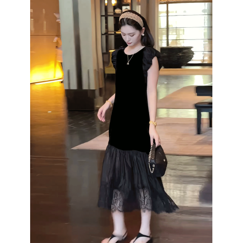 法式黑色赫本風泡泡袖連衣裙女2025年夏季新款高級感拼接蕾絲長裙