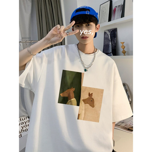 短袖男款夏季寬松重磅男t恤新款美式復古黑色上衣青少年半袖體恤