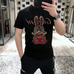 帝維尚潮牌短袖男t恤圓領春夏新款燙鑽兔子國潮休閒修身大碼上衣
