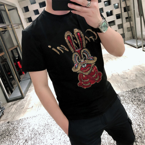 帝維尚潮牌短袖男t恤圓領春夏新款燙鑽兔子國潮休閒修身大碼上衣