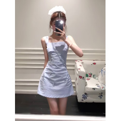 法式千金小香風藍色背心連衣裙女夏2025新款小個子收腰無袖短裙子