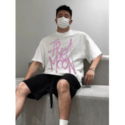 美式高街潮牌塗鴉字母復古印花水洗做舊休閒百搭寬松夏短袖男T恤