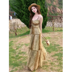 波西米亞度假風復古印花吊帶連衣裙女2025年夏季新款時尚氣質長裙