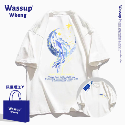 wassup聯名黑色短袖男t恤2025新款夏季潮牌純棉寬松青少年男上衣