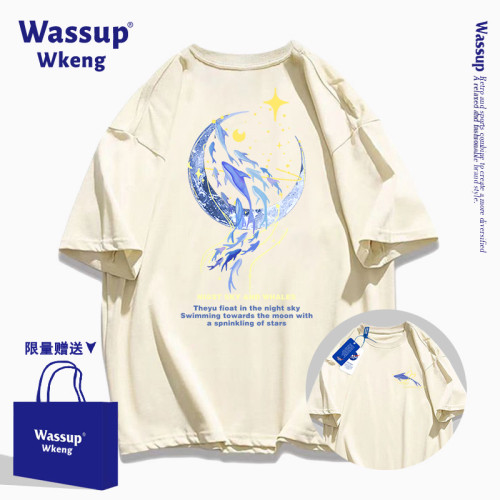 wassup聯名黑色短袖男t恤2025新款夏季潮牌純棉寬松青少年男上衣