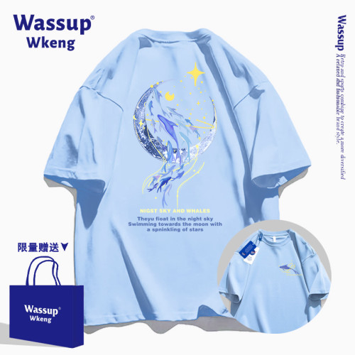 wassup聯名黑色短袖男t恤2025新款夏季潮牌純棉寬松青少年男上衣