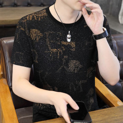 2025新款男士燙金圓領短袖百搭男T恤上衣夏裝薄款冰絲上衣打底衫