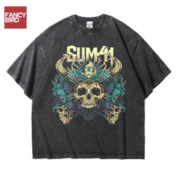 搖滾sum41樂隊歐美做舊水洗重磅oversize寬松大碼純棉五分袖男T恤