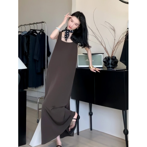 夏季方領無袖背心連衣裙女交叉露背寬松顯瘦長裙子簡約高級感女裝