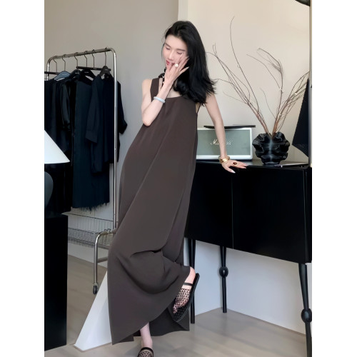 夏季方領無袖背心連衣裙女交叉露背寬松顯瘦長裙子簡約高級感女裝