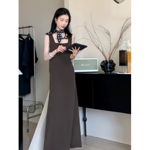 夏季方領無袖背心連衣裙女交叉露背寬松顯瘦長裙子簡約高級感女裝