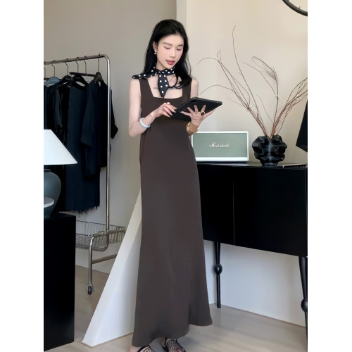 夏季方領無袖背心連衣裙女交叉露背寬松顯瘦長裙子簡約高級感女裝