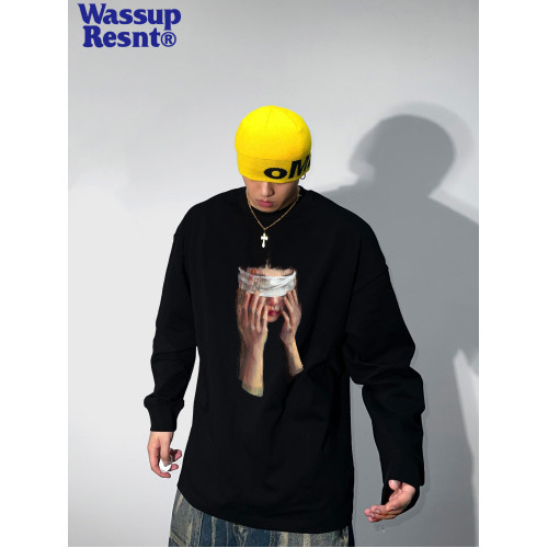 WASSUP美式oversize高街長袖男t恤重磅純棉潮牌大碼寬松體恤上衣