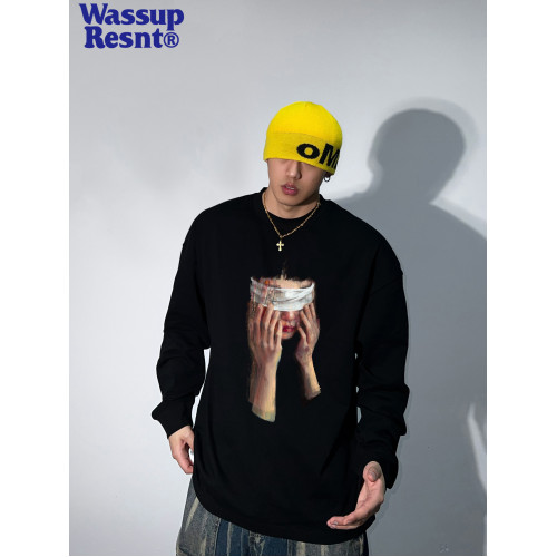 WASSUP美式oversize高街長袖男t恤重磅純棉潮牌大碼寬松體恤上衣