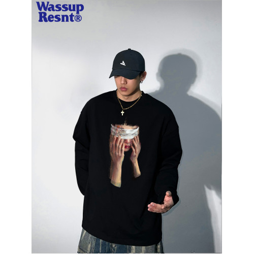 WASSUP美式oversize高街長袖男t恤重磅純棉潮牌大碼寬松體恤上衣