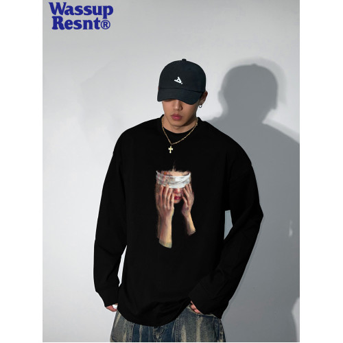 WASSUP美式oversize高街長袖男t恤重磅純棉潮牌大碼寬松體恤上衣